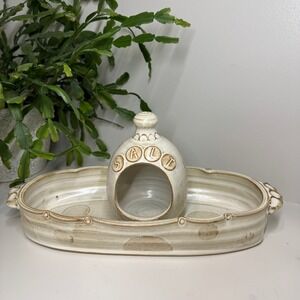 Studio Pottery Salt Pig and Oval Tray Set Cream Polka Dot Signed Stoneware EUC